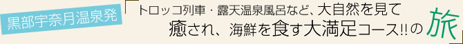 vol.06 トロッコ列車・露天温泉風呂など、大自然を見て癒され、海鮮を食す大満足コース!! の旅 