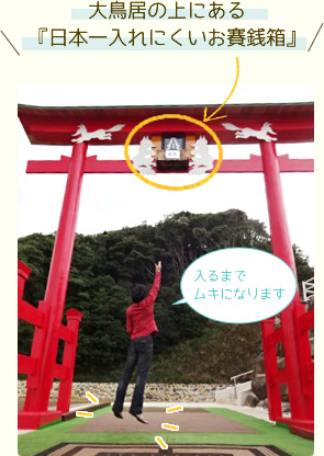 大鳥居の上にある『日本一入れにくいお賽銭箱』