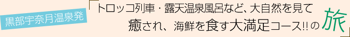 vol.06 トロッコ列車・露天温泉風呂など、大自然を見て癒され、海鮮を食す大満足コース!!～１日目