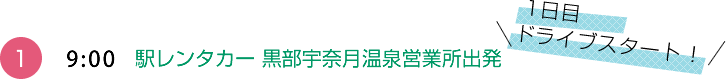 （1）9:00　駅レンタカー 黒部宇奈月温泉営業所出発